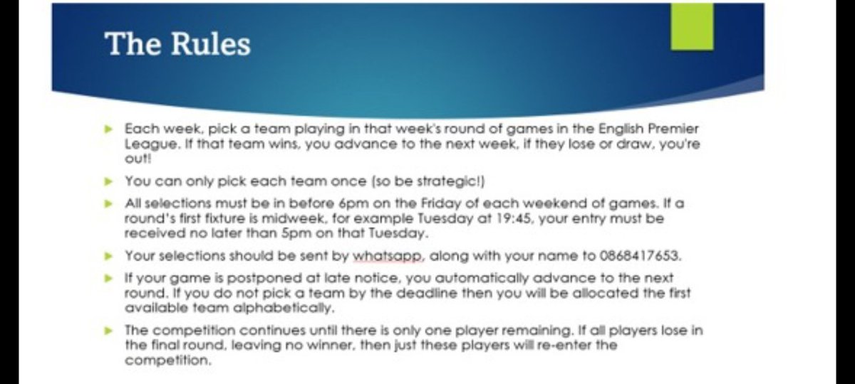 Last Man Standing competition. Get your entries in for our LMS competition staring from Monday 29th January. Details in the attached.