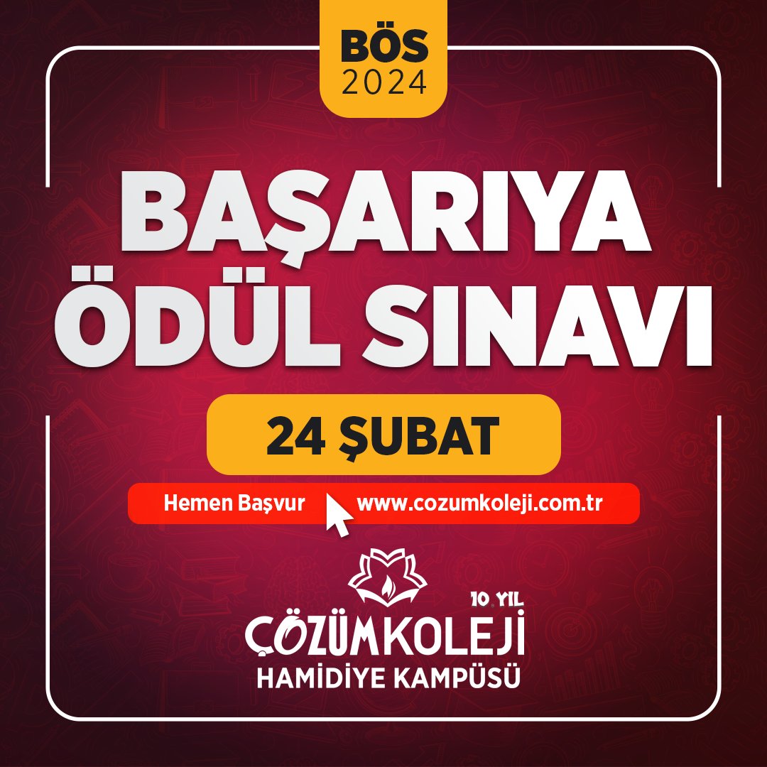 hamidiyecozum_'s tweet photo. HAMİDİYE ÇÖZÜM KOLEJİNDEN BEKLENEN SINAV TARİHİ AÇIKLANDI

📣 Başarıya Ödül Sınavı 24 Şubat'ta!
Türkiye geneli Çözüm’e Giriş Sınavımız 4, 5, 6, 7 ve 8. sınıflarımız için %100’e varan burs imkânı ile 24 Şubat’ta❗

Başvuru için ; https://t.co/YNsHhpgIAn https://t.co/gNJ29RhSVL