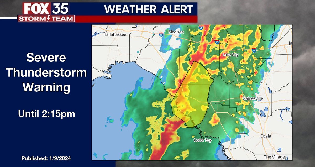 FOX 35 Weather Alert Severe Thunderstorm Warning for Dixie County in FL until 2:15pm. fox35orlando.com/weather #flwx