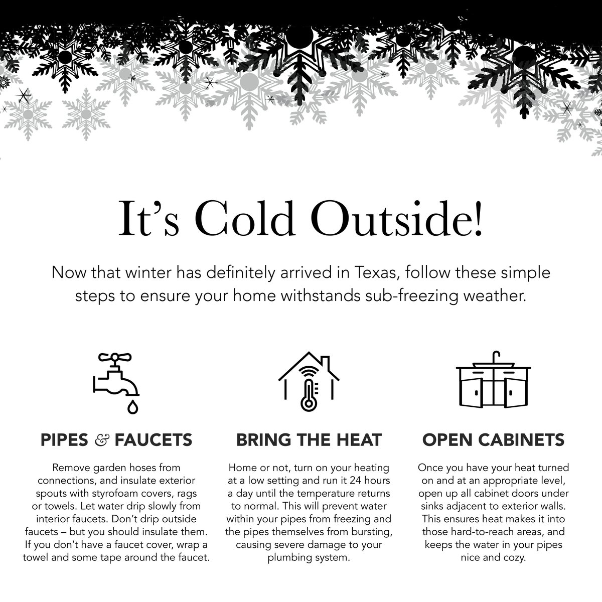kmuenchow's tweet image. Brrrr! Don’t forget to protect one of your biggest investments during a cold-weather snap! Follow these simple steps to make sure your home is winter-ready.

And if I can be of assistance, please don&apos;t hesitate to reach out. #cold #winterhomeprotection #winter #winterplumbing
