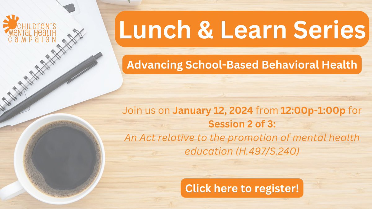 kidsMHmass's tweet image. The Children's Mental Health Campaign welcomes you to join us for a virtual Lunch & Learn this Friday at noon.
This session will focus on H.497/S.240, An Act relative to the promotion of mental health education, a priority bill for the Children's Mental Health Campaign.
