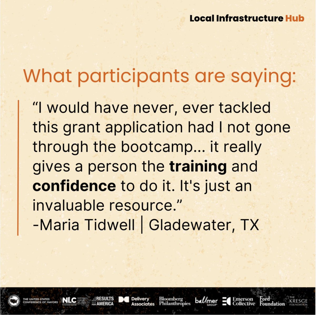 Federal grant applications are a massive undertaking, so we’ve partnered with <a href="/BloombergCities/">Bloomberg Cities</a> to provide free bootcamp trainings for small to mid-sized cities nationwide. The fifth phase of FREE boot camps are open now; register today: localinfrastructure.org