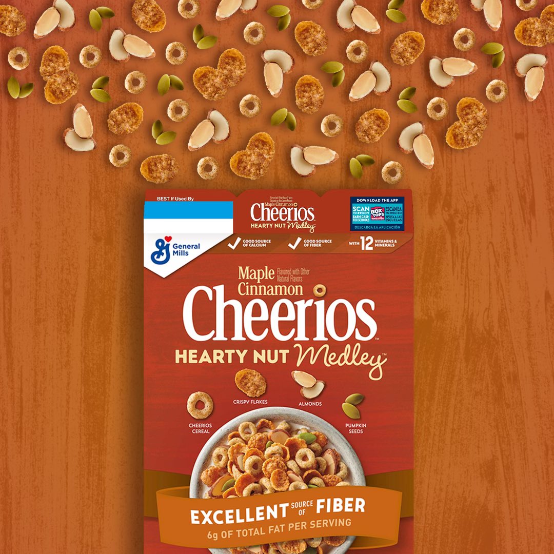 🎉Add the NEW Cheerios Hearty Nut Medley to your morning!🎉Wake up with a fiber packed* Maple Cinnamon medley of nuts, seeds, flakes, and O’s. 🧡 *6g of total fat per serving