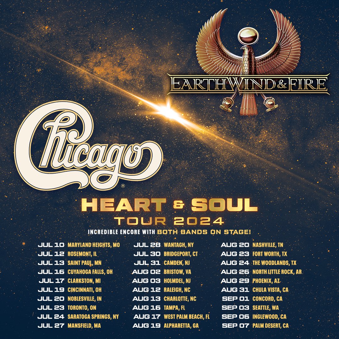 Chicago and @EarthWindFire are bringing their Heart & Soul Tour to cities across North America! Visit chicagotheband.com/tour for ticket links, see you on the tour! 🎷🎶🎺 #heartandsoul #chicagotheband #earthwindandfire #summertour