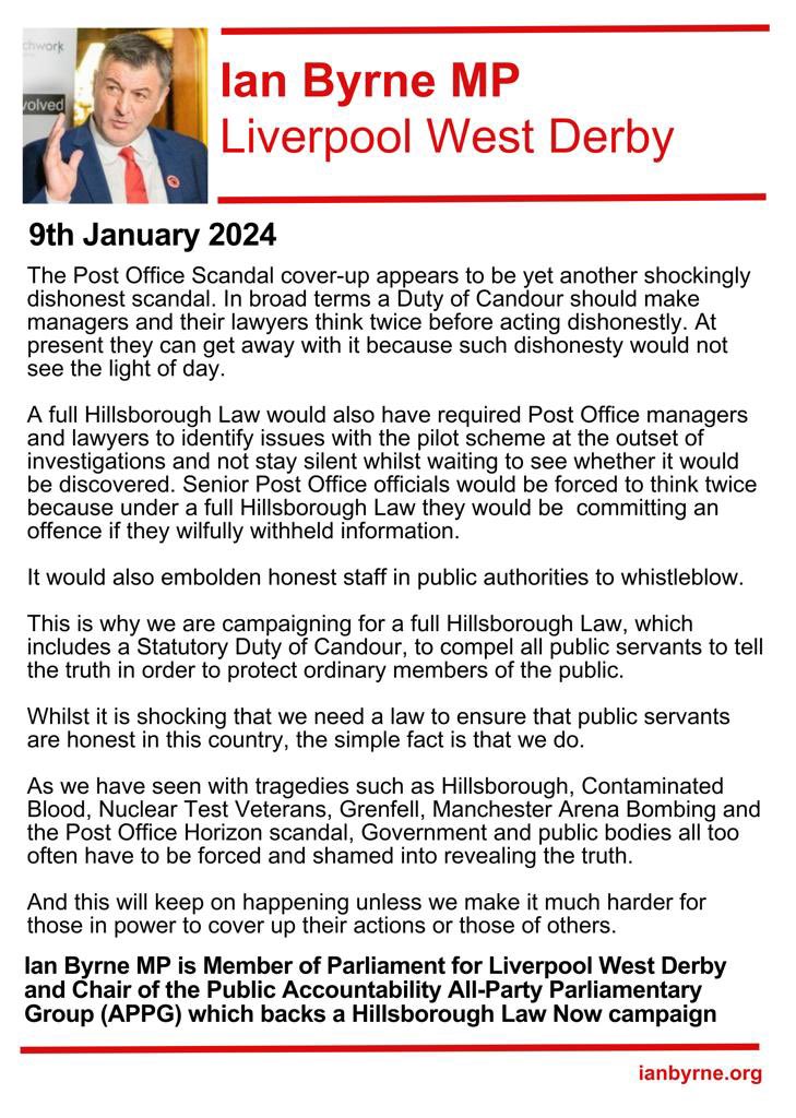 IanByrneMP's tweet photo. My statement on the Post Office scandal and the urgent need for an #HillsboroughLawNow ✍️ https://t.co/8qaaFdcRuC