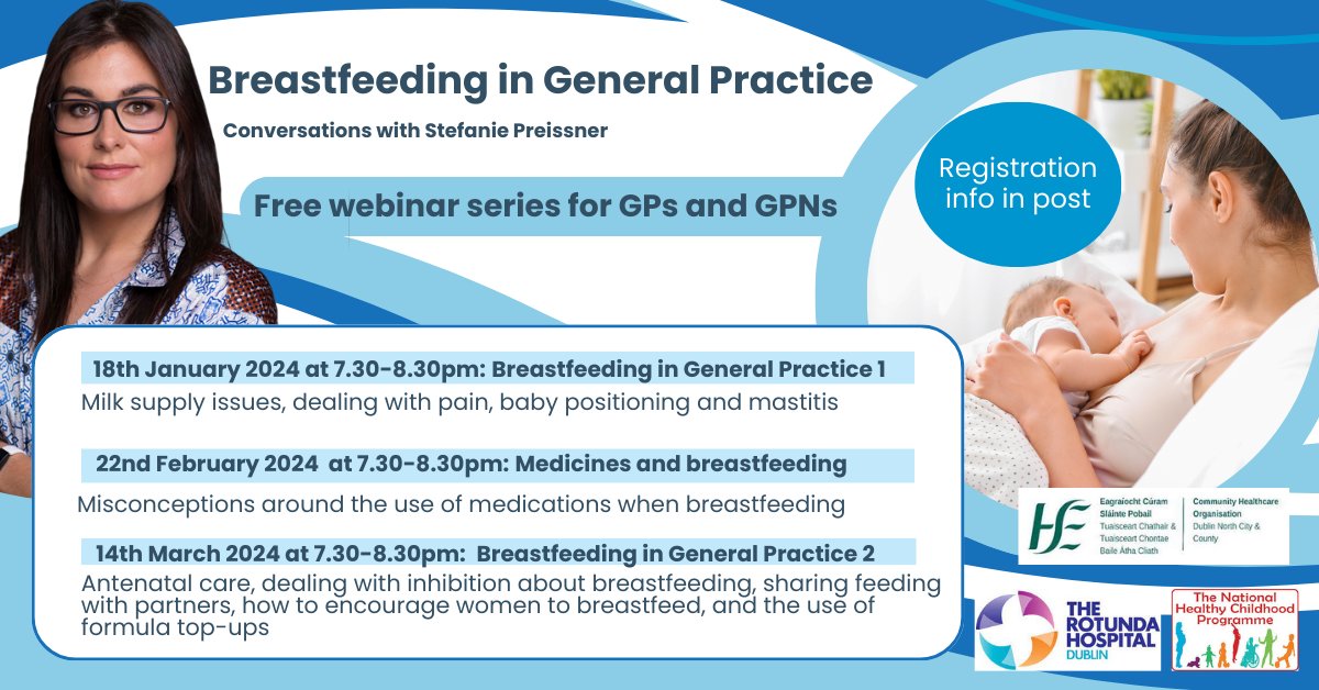 Delighted to announce a series of 3 webinars for GPs and GPNurses. Accomplished writer, director, and actor Stefanie Preissner will discuss breastfeeding in three relaxed and informative interview-style webinars. Register for free here: bit.ly/BFwebinars