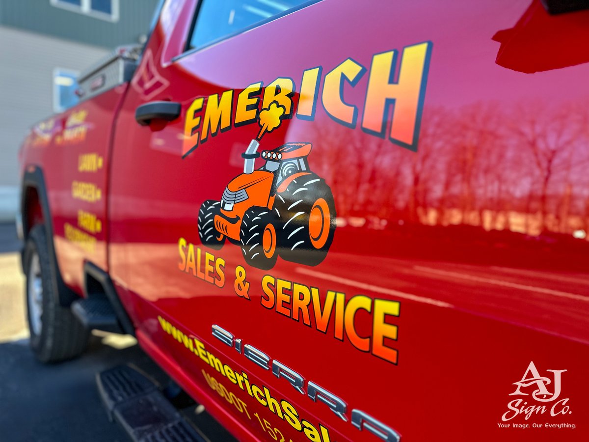 AJSigns's tweet photo. We lettered up a new fleet truck for our friends at @EmerichSales! Vehicle graphics are an important tool to advertise your business and services on the road! #EmerichSalesAndService #AJSigns | #YourImageOurEverything https://t.co/yDi7WEsapX