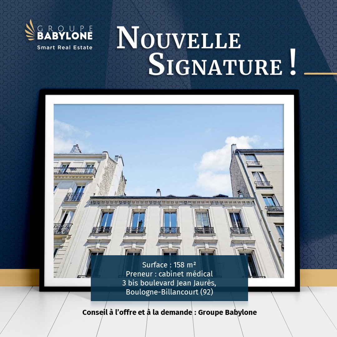 Nouvelle transaction : un cabinet médical vient de prendre à bail une surface de bureaux de 158 m² au 3 bis boulevard Jean Jaurès, à Boulogne-Billancourt.

Cette transaction a été réalisée par le département Île-de-France Ouest de Groupe Babylone, conseil des deux parties.
