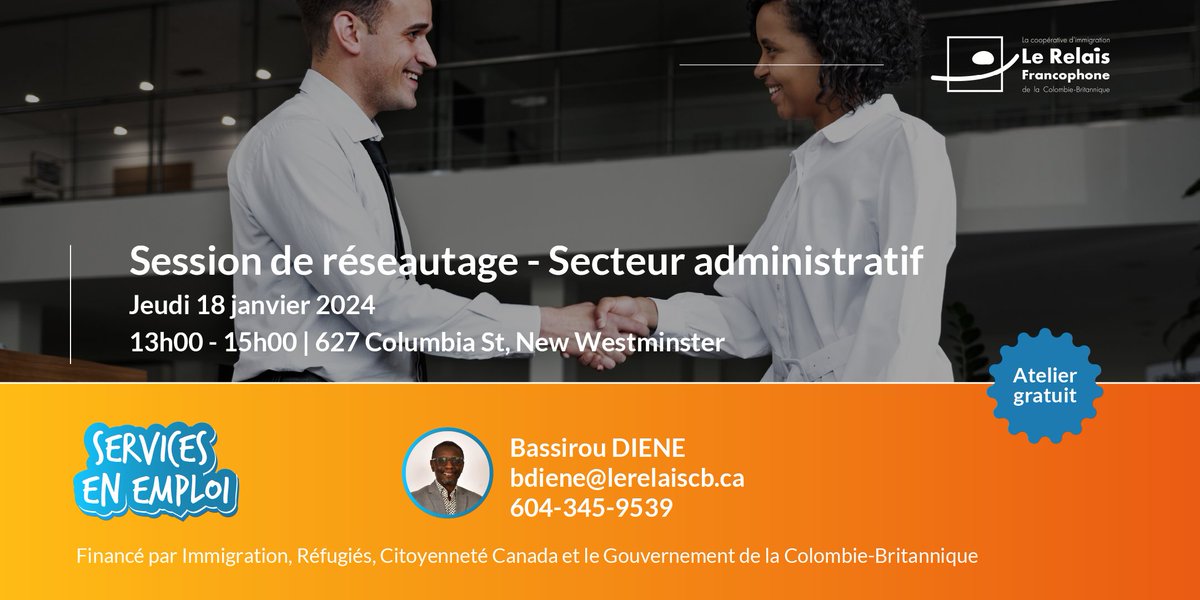 Passionné.e d'admin ? 🤝 Rejoignez la session de réseautage le 18 janvier à New Westminster ! 🎯 

Explorez des opportunités pros, rencontrez des experts et renforcez votre présence locale.

#RéseautageAdmin #Carrière #ColombieBritannique #LeRelaisFrancophone🌐🤝
