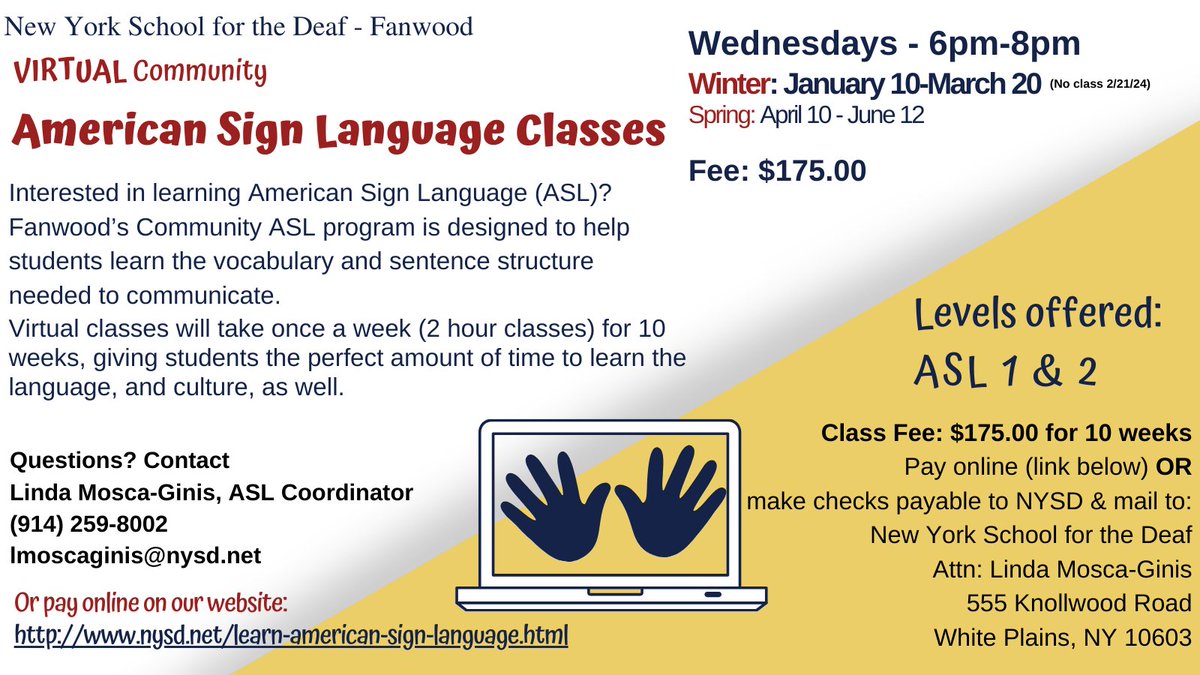 NYSD1817's tweet image. Classes start tomorrow but there's still time to register for NYSD's Community #ASLClasses! Do you want to learn #AmericanSignLanguage? Fanwood’s Virtual Community #ASL program teaches the vocabulary & sentence structure necessary to communicate #learnasl bit.ly/3RMOSX3