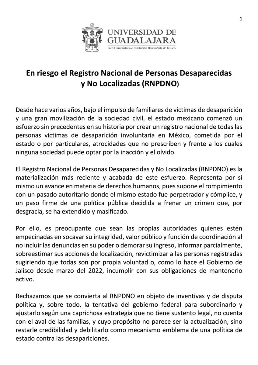 Nos pronunciamos en torno la situación del Registro Nacional de Personas Desaparecidas y No Localizadas (RNPDNO) 1/2