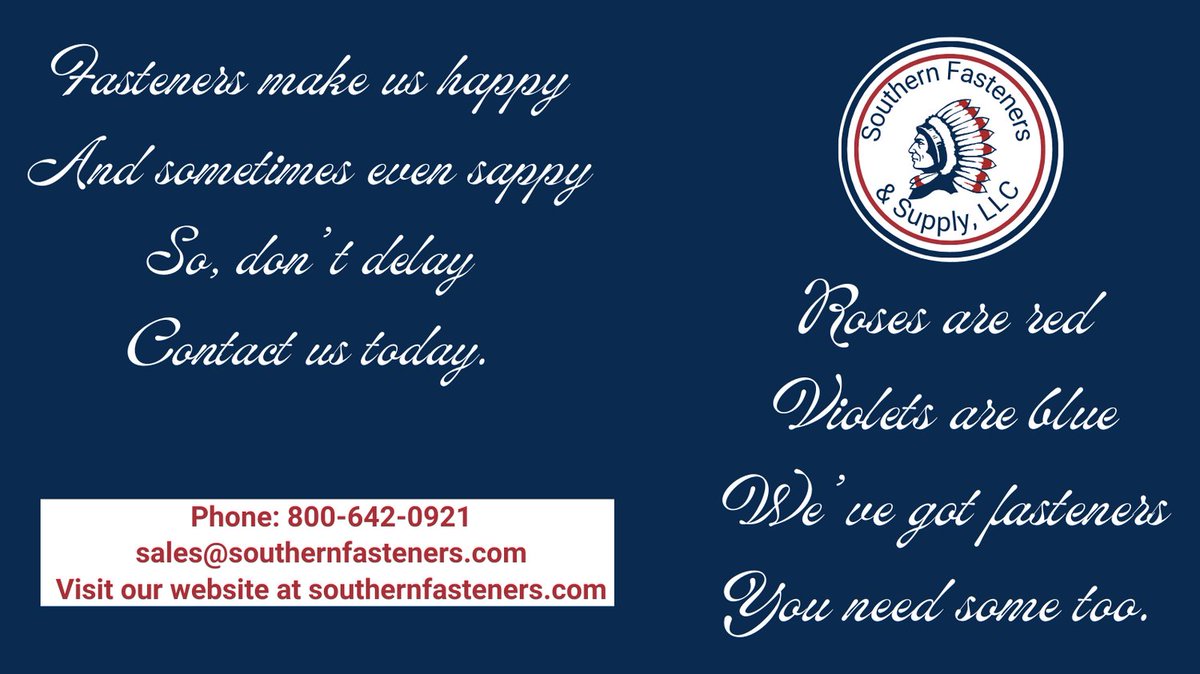 SFandS_LLC's tweet photo. Today is #PoetryAtWorkDay, so we wrote a couple of poems for you.
#southernfasteners #fasteners #nutsandbolts #suppliestoo #justforlaughs #happytuesday #contactus https://t.co/DFeZLN9Hy9