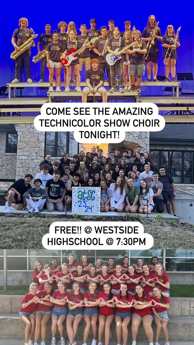 ATSCShowChoir's tweet photo. Please come and support ATSC tonight as they Premiere their show for the 2024 season!! The group has been working hard over winter break and is excited to share their show with the public. 
When: Tonight!! @ 7:30pm
Where: Westside High School
$$: FREE https://t.co/xI0ZoPGmOh
