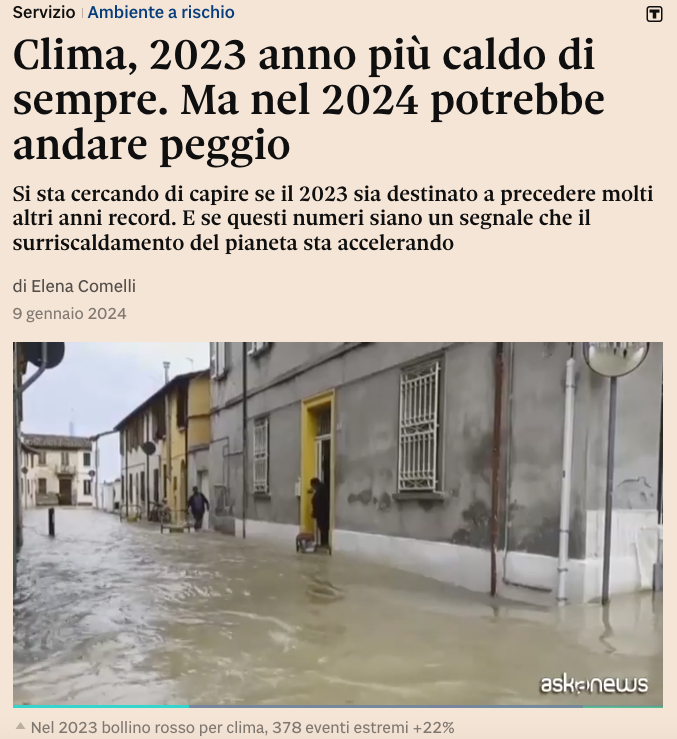 elencomelli's tweet photo. Il 2023 è stato l'anno più caldo di sempre.
Il record del 2016 è ampiamente battuto
e siamo già a 1,48°C oltre i livelli preindustriali.
Entro pochi mesi potremmo superare 1,5°C, 
la prima soglia di sicurezza dell'Accordo di Parigi.
#ClimateActionNow
https://t.co/VppliqXvkN https://t.co/C1grryjQGe