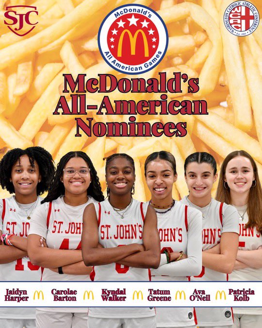 SJC Girls BBall 🏀 (@sjchsbball) on Twitter photo Congratulations to our 2024 <a href="/McDAAG/">McDonald's All American Games</a> Nominees 🍟🏀🍔
<a href="/seeJAIplay/">Jaidyn Harper</a>
<a href="/BartonCarolae/">Carolae Barton</a>
<a href="/kynwalker_24/">Kyndal Walker</a>
<a href="/tatum_greene13/">tatum greene</a>
<a href="/theavaoneil/">Ava O’Neil</a>
<a href="/pkolb5/">P K</a>
#WeAreSJC 🛡️⚔️🛡️⚔️ Congratulations to our 2024 <a href="/McDAAG/">McDonald's All American Games</a> Nominees 🍟🏀🍔
<a href="/seeJAIplay/">Jaidyn Harper</a>
<a href="/BartonCarolae/">Carolae Barton</a>
<a href="/kynwalker_24/">Kyndal Walker</a>
<a href="/tatum_greene13/">tatum greene</a>
<a href="/theavaoneil/">Ava O’Neil</a>
<a href="/pkolb5/">P K</a>
#WeAreSJC 🛡️⚔️🛡️⚔️