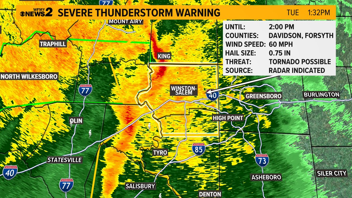 TimBuckleyWX's tweet photo. 1:30PM -- Severe Thunderstorm Warning for very high winds in Forsyth and Davidson Counties. NWS has said it's possible a tornado could form in this cell. Be inside as it passes for 60 mph gusts. Moving east. https://t.co/lskDFP79k3
