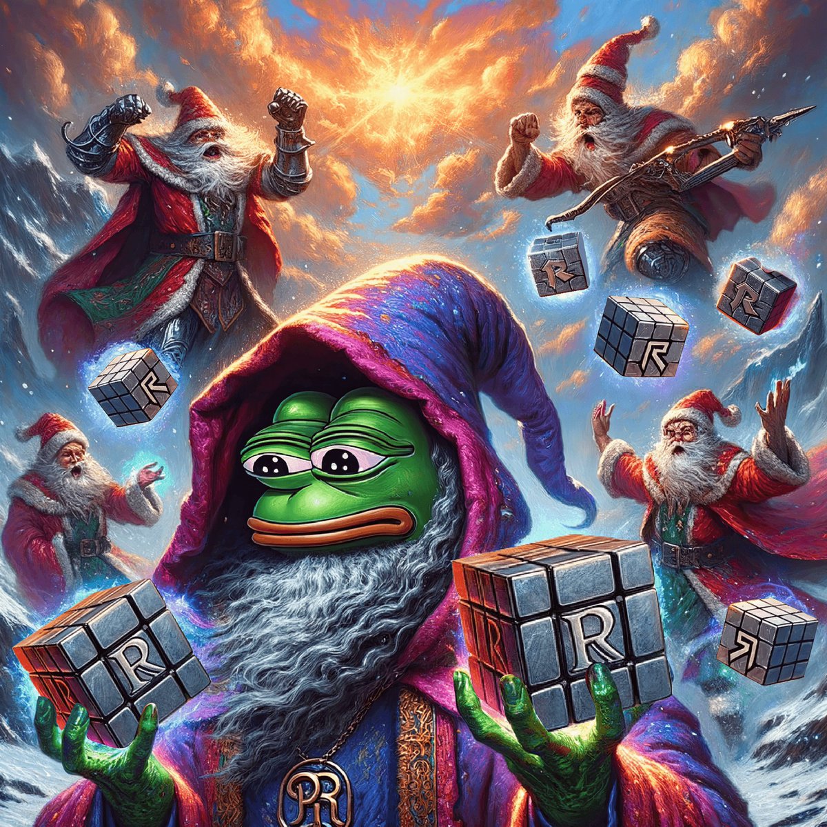 NFTland's tweet photo. the end of 2023 got pretty weird when #rizzleblock got dragged into a meme fight vs pepe & santa & carrots then my #rizzleblockmon went on an adventure against the other memons & SURVIVED💪so i won this epic piece by @supahmarbler from @MemeExplorers christmas battle spoils⚔️🙌🎅 https://t.co/jltfZjf333