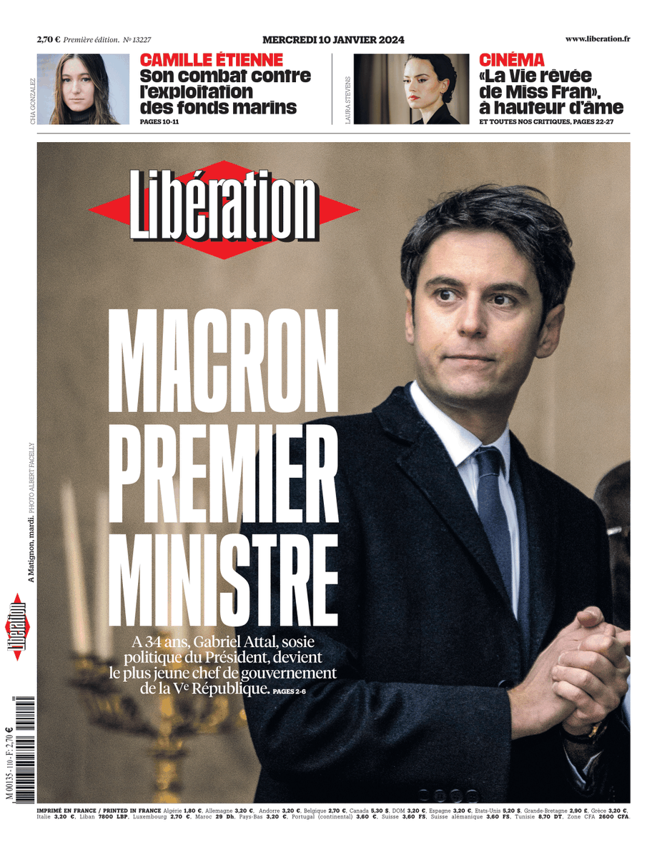 libe's tweet photo. Macron Premier ministre : c'est la une de @Libe mercredi. 

À 34 ans, Gabriel Attal, sosie politique du Président, devient le plus jeune chef de gouvernement de la Ve République. https://t.co/IGamnlJ8fd