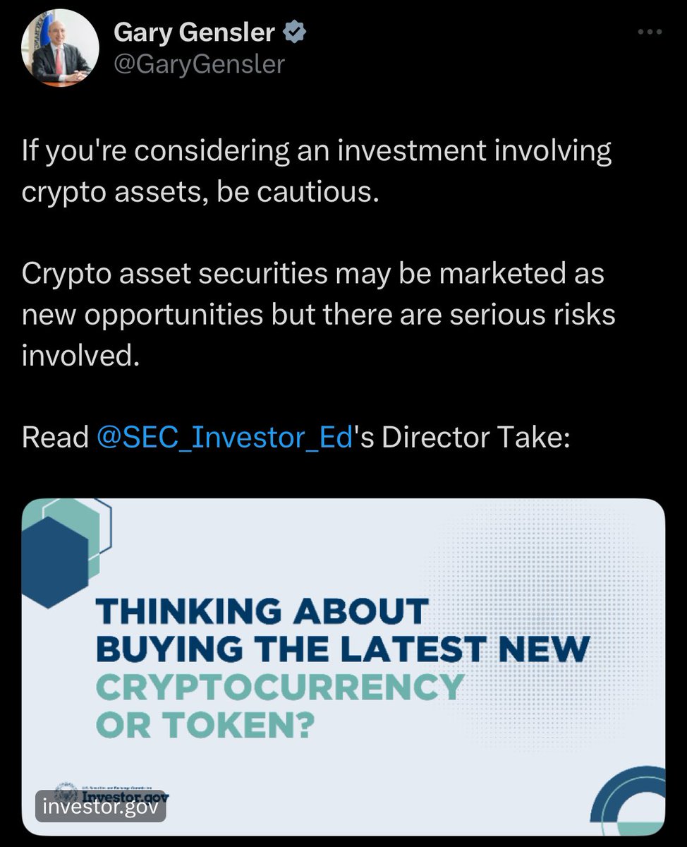 Gary Gensler, the well-known hater of cryptocurrency who normally never tweets about it, has now tweeted twice about it in two days.