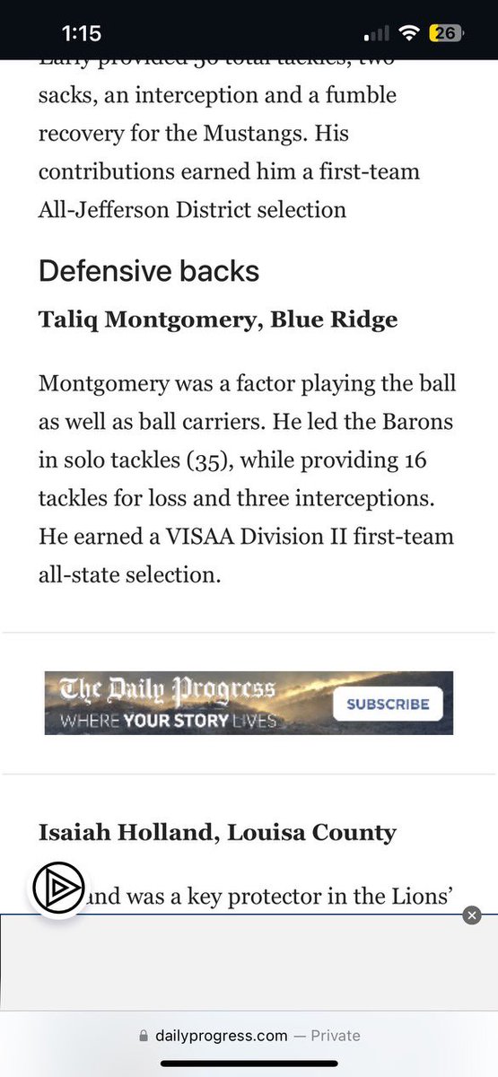 Thankful to be awarded to the All Central Virginia Defense as a DB by <a href="/DailyProgress/">The Daily Progress</a>! <a href="/brsbaronsfb/">Blue Ridge School Football</a> <a href="/TimThomasBRS/">Tim Thomas</a> <a href="/Jahlil_Puryear/">Coach Puryear</a> <a href="/notlocalexander/">Colton Alexander</a> dailyprogress.com/sports/high-sc…