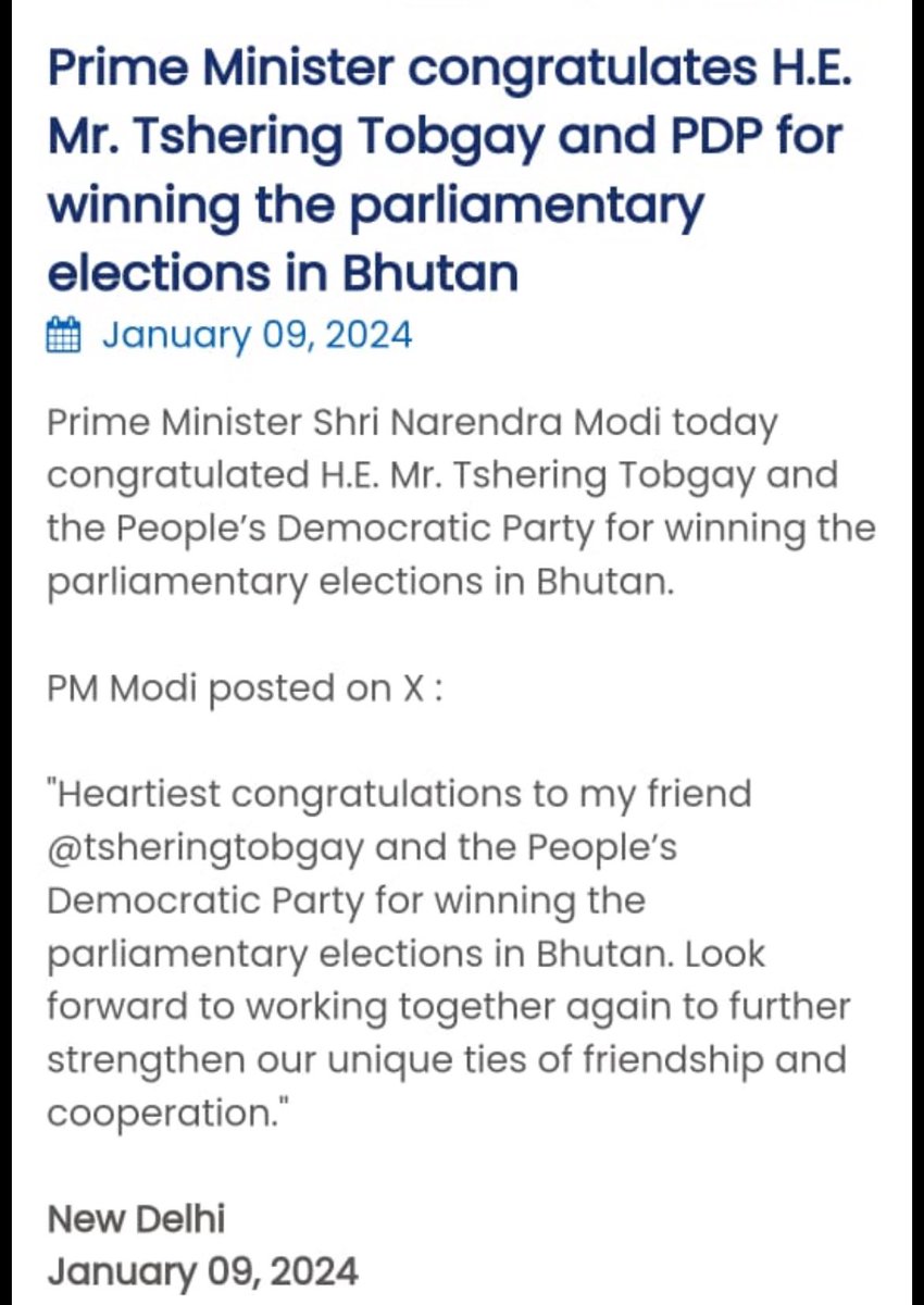 Prime Minister Shri Narendra Modi (@narendramodi) congratulated 
H.E. Mr. Tshering Tobgay and the People’s Democratic Party for winning the parliamentary elections in Bhutan.

@tsheringtobgay  #NeighbourhoodFirst
