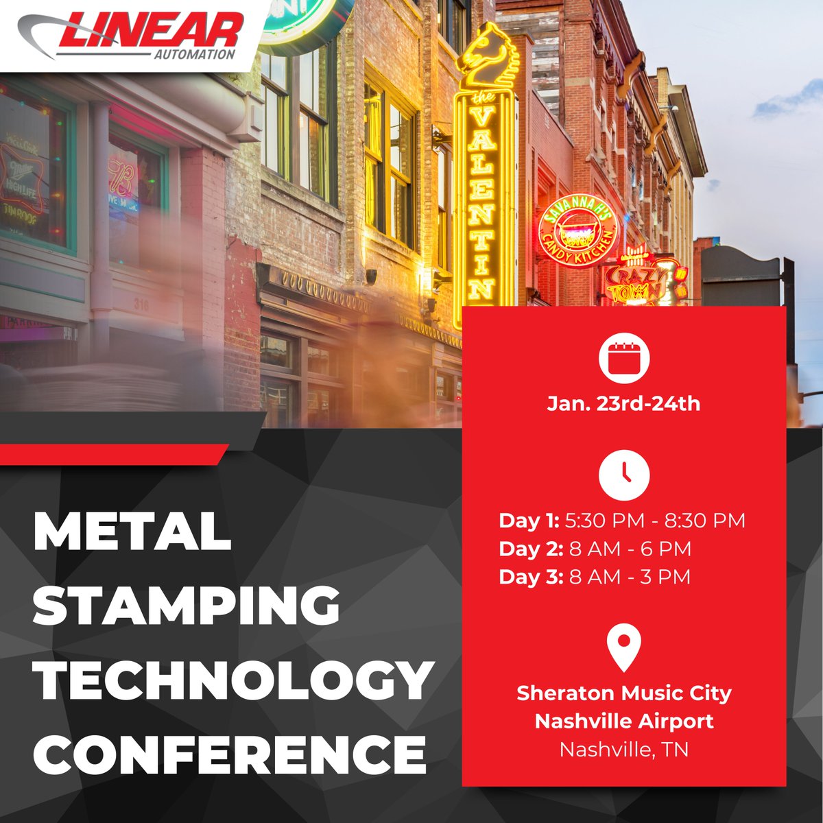 🌟 Exciting News! Linear is returning to the PMA Metal Stamping Technology Conference in 2024! 🌟

📅 Date: Jan. 23rd - 24th
📍 Location: Sheraton Music City Nashville Airport

See you there!

#linear #automation #tennessee #metalstamping
