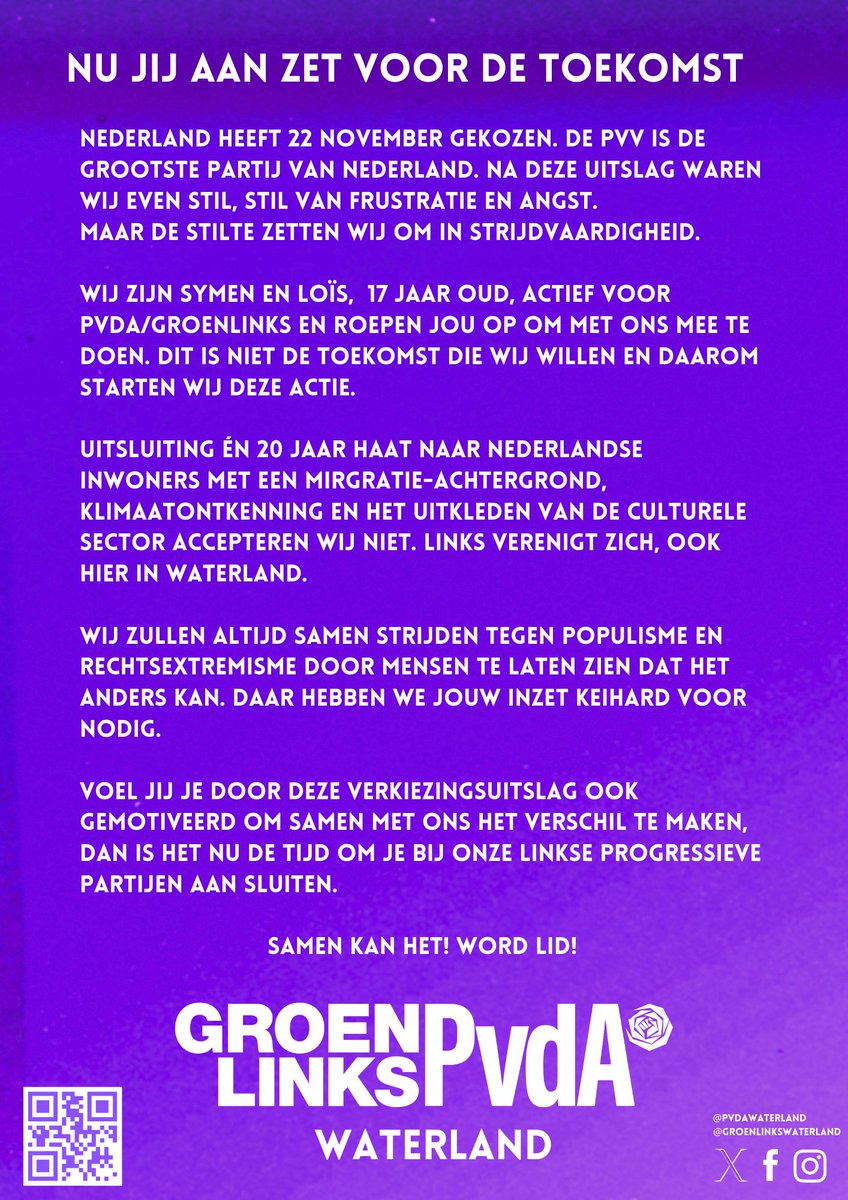 Loïs Koerse (GroenLinks) en Symen Steege (PvdA) starten een actie om nieuwe leden te werven in Waterland!
🗯 'Deze verkiezingsuitslag motiveert ons juist om een sterke en solidair tegengeluid te laten klinken!' Aldus Symen en Loïs.
'Er is inderdaad flink op de PVV gestemd, /1