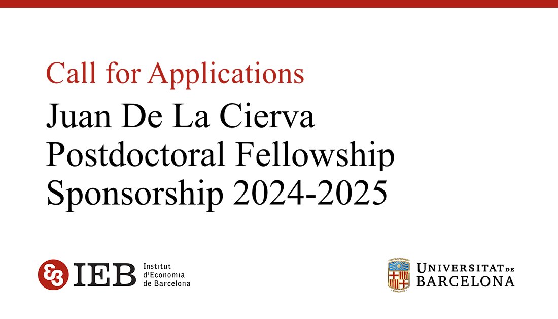 📣 #CallForApplications The IEB and the @ubeconomics aim to sponsor several candidates for the Juan de la Cierva Postdoctoral Call by the @cienciagob. ⏰ Deadline: January 19, 2024 More info 👉 i.mtr.cool/hhdvsqxqpt #EconTWitter #Postdocs