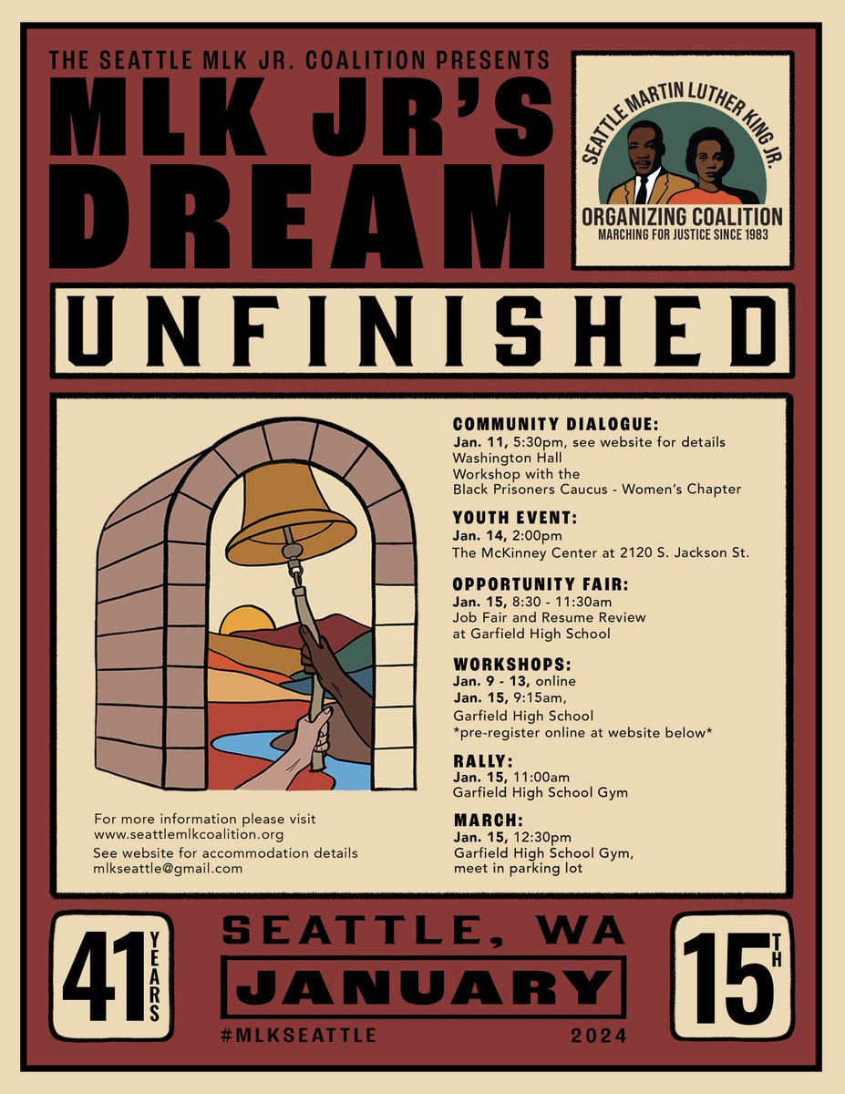 Celebrate the life, vision and legacy of Dr. Martin Luther King Jr.! 

The <a href="/MLKSeattle/">Seattle MLK, Jr. Organizing Coalition</a> is hosting a series of events starting leading to the annual Rally and March. Join us as we work towards the completion of Dr. MLK’s dream. 

More info here: seattlemlkcoalition.org