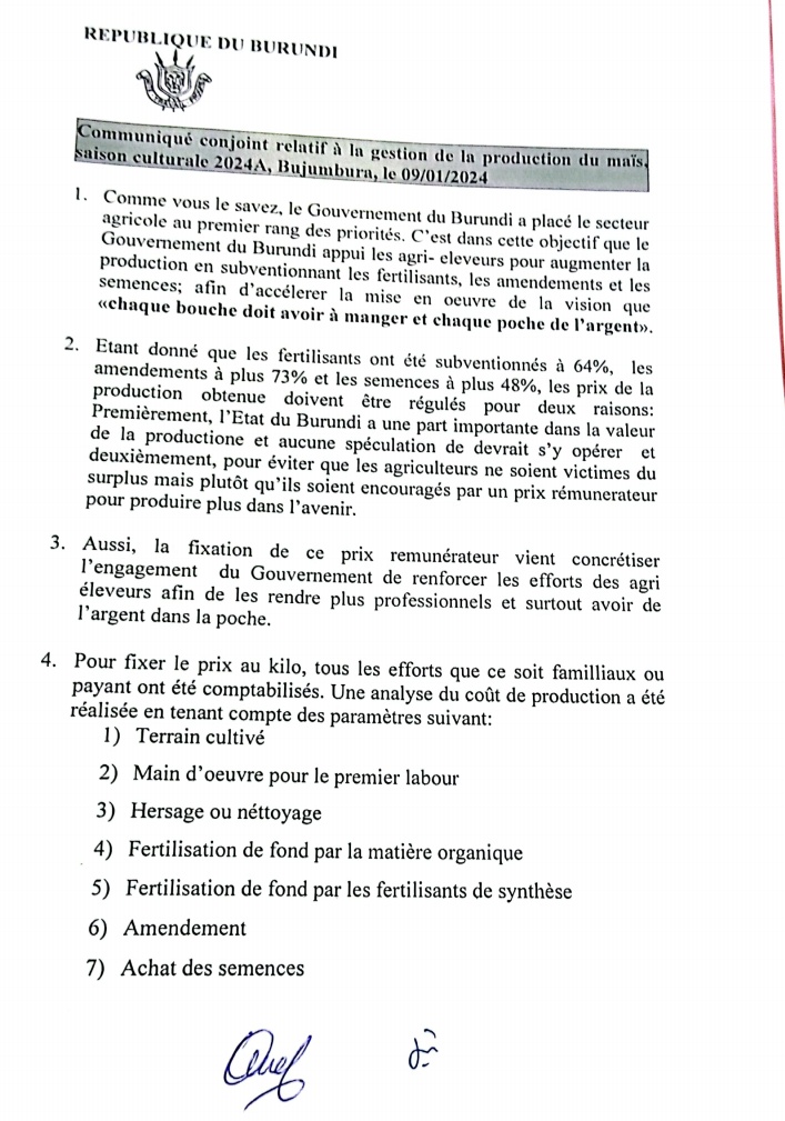 BMineagrie's tweet photo. Communiqué conjoint relatif  à la gestion de la production du maïs de la saison culturale 2024A.
@MinCommerce
@MininterInfosBi https://t.co/hla0YmnKVH