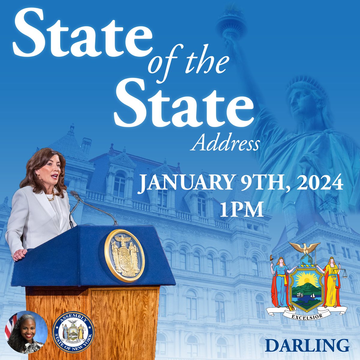 IamTDarling's tweet photo. Today @GovKathyHochul will address the State of New York at the Annual
🗽 State of The State Address 🗽
#StateoftheStateNY
#Darling4NY #Darlingdelivers
#iamtaylordarling #Newyorksdarling #FightingforYOURLongIsland #beautifulcommunity #bridgebuilder #excellenceforthe18th https://t.co/SLlWgl7c7X