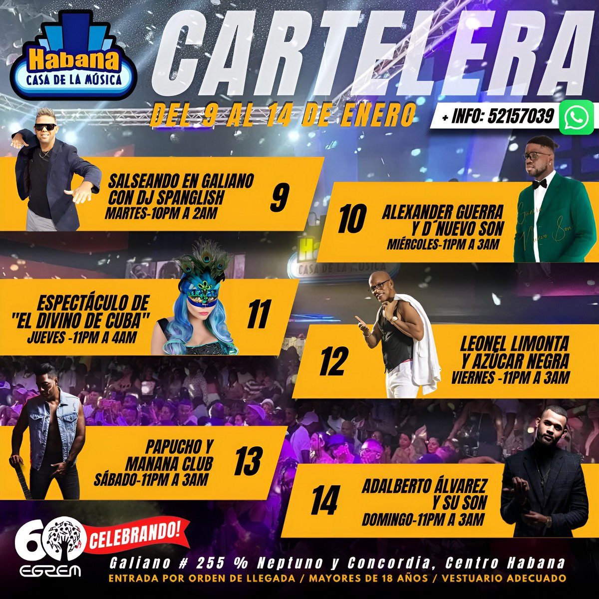 ksamusicahabana's tweet photo. 💢FAMILIA: en 2024 la #EGREM 🎼llega su #Aniversario60 🎂 y por eso la celebración comienza justo desde el primer mes del año 🎉
🥳Y lo vamos a hacer como se debe: con #músicacubana 🇨🇺, baile💃 y fiesta 🎊 
Cada semana tienes razones para visitarnos y unirte a nuestros eventos 🔥 https://t.co/N73COa08DG