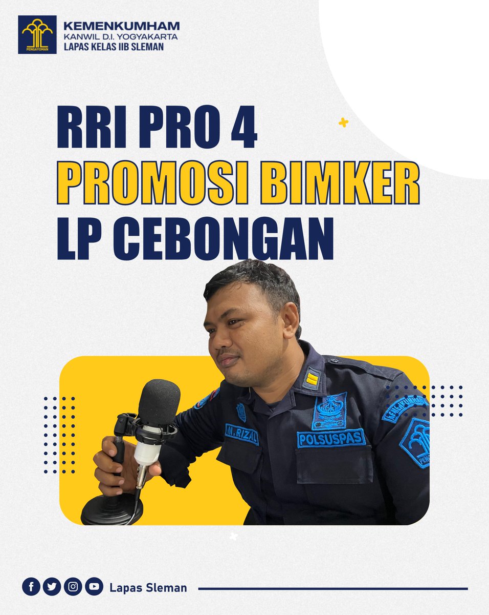 lpsleman's tweet photo. RRI PRO 4 YOGYAKARTA PROMOSIKAN BIMKER LP CEBONGAN

SLEMAN- Melalui siaran live RRI Pro 4 Yogyakarta, Hasil kegiatan kerja Lapas Sleman diperkenalkan dan disebarluaskan, Senin (08/01/2024). RRI Pro 4 Yogyakarta sendiri sudah pernah melakukan siaran live mengenai Lapas Sleman, https://t.co/HBWvut9NUT