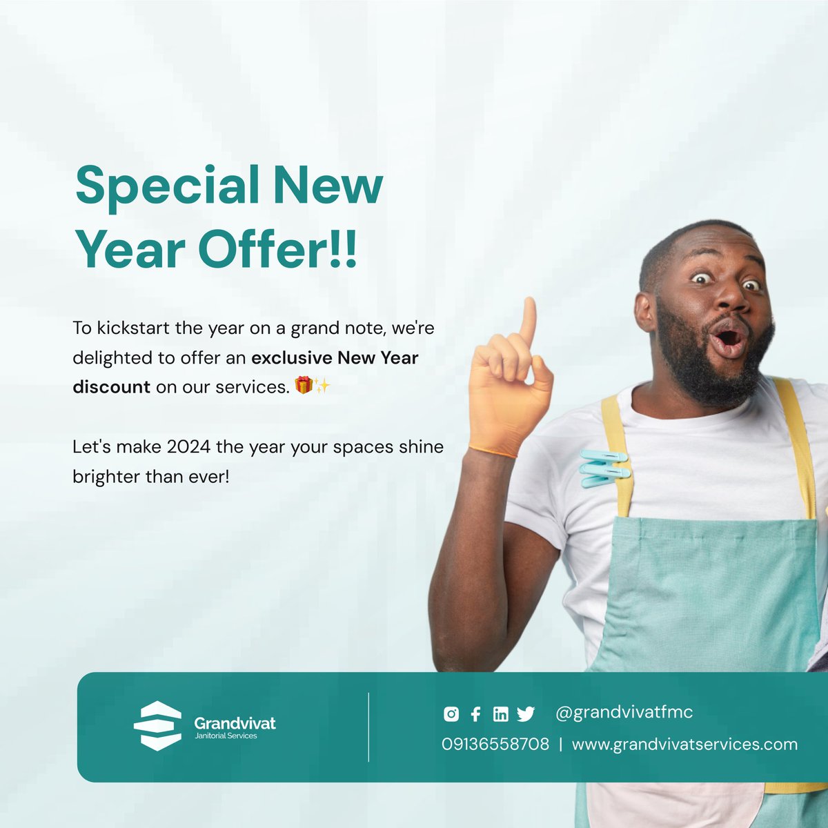 Sparkle into 2024 with Grandvivat 🚀

Enjoy our Special New Year Offer by signing up for any of our services. 

#cleaningagency #grandvivatfacilitymanagement #cleanerplanet #abujacleaningcompany #enugucleaningcompany #corporatecleaning  #newyearclean #sparkleinto2024