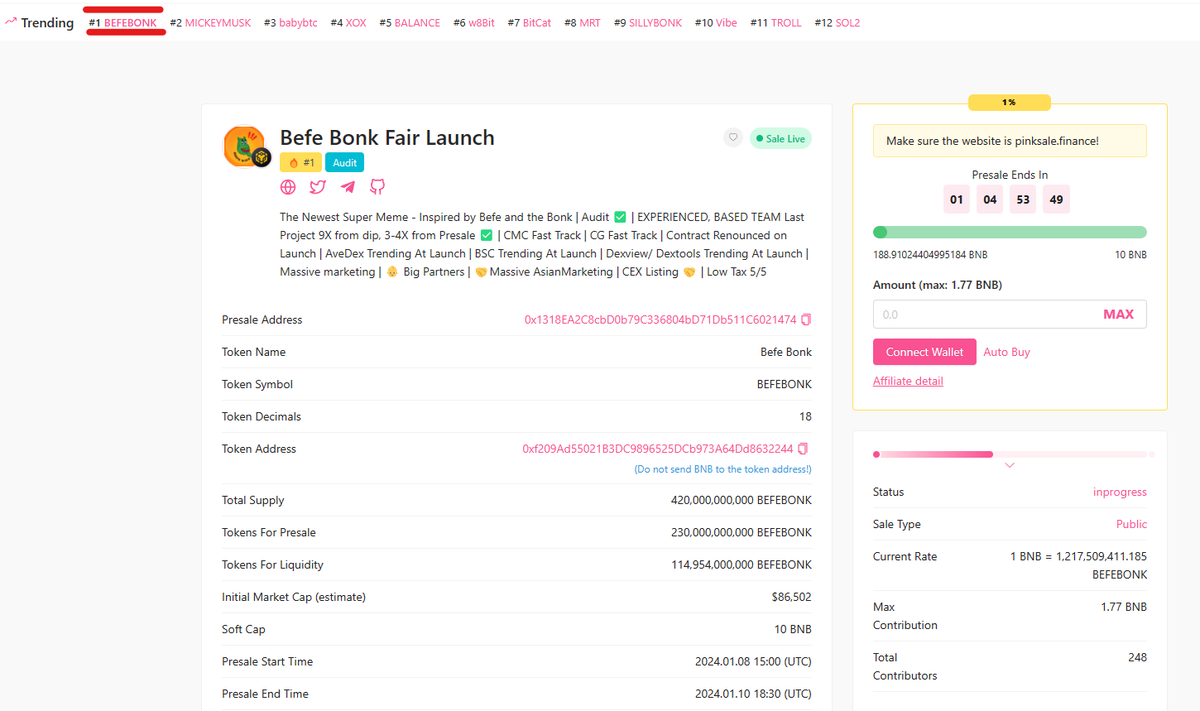 ⚡️We got it again trending1️⃣ on Pinksale 🎯

Amazing, Still have 1 day 5 hours but got #1. We can't believe, thanks for all your supports.$BEFEBONK will be new trend!🔥

Don't miss your chance at: pinksale.finance/launchpad/0x13…