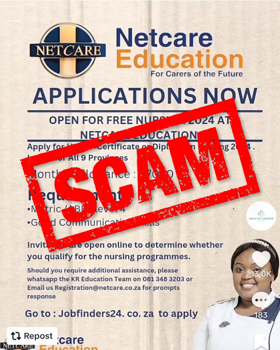 SCAM ALERT: Numerous scams are circulating on social media and WhatsApp, promising fake Netcare opportunities. This is not the way that we recruit staff or advertise learnerships and internships. For more information about our recruitment process, visit: netcare.co.za/Careers/Vacanc…