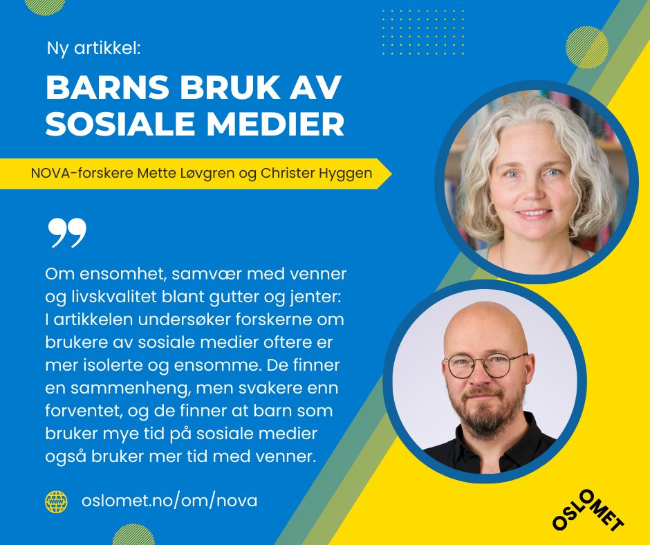NOVAnytt's tweet photo. Er barn som bruker sosiale medier mye mer ensomme? NOVA-forskerne Mette Løvgren og Christer Hyggen ved @OsloMet har dykket ned i tallene fra @Ungdata. Se artikkelen her: https://t.co/GteV6ORrha https://t.co/805G9TVx75