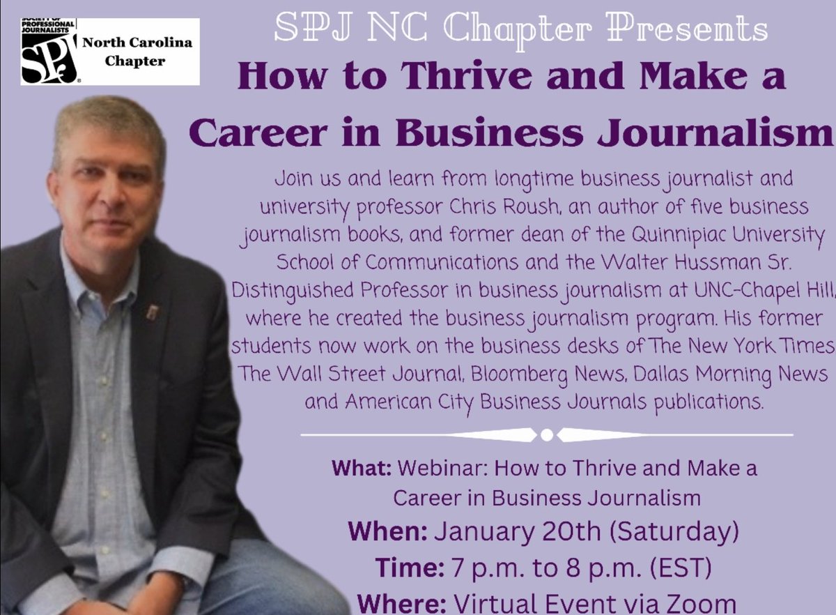 AnnickReporter's tweet photo. Interested in getting into business journalism? Learn from experienced journalist @ChrisRoushNC on how to break into the niche and thrive. Sign up for the webinar hosted by SPJ NC Chapter with the link below.

https://t.co/lJXVsAUobJ https://t.co/TB38LH8usu
