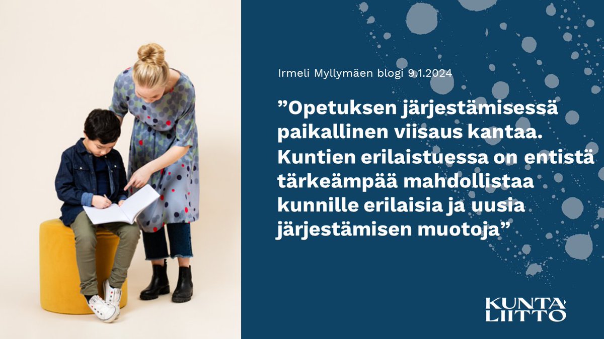 Kuntien erilaistuessa on entistä tärkeämpää mahdollistaa kunnille erilaisia ja uusia järjestämisen muotoja. Opetuksen järjestämisessä paikallinen viisaus kantaa. Millaisia vahvuuksia koulujärjestelmästämme löytyy? Lue <a href="/IrmeliMyllymaki/">Irmeli Myllymäki</a> blogi➡️ kuntaliitto.fi/blogi/2024/ope…