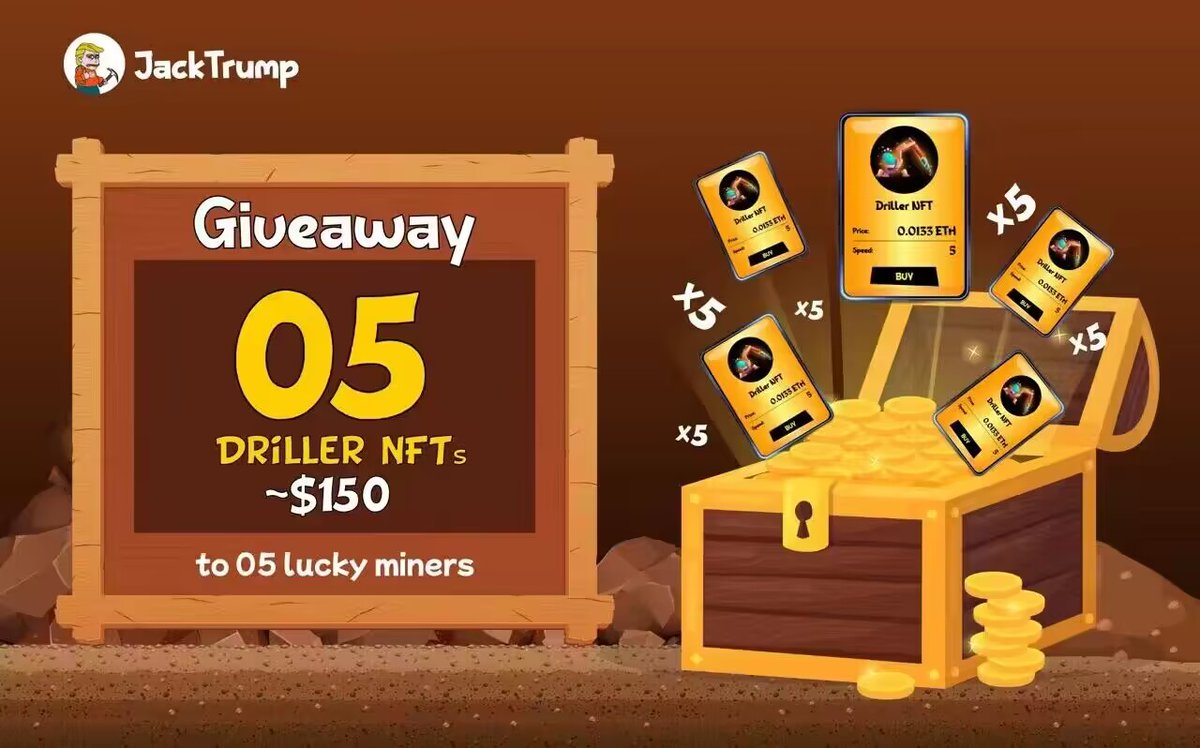 🎁5位幸运会员将获赠5枚价值高达150美元的Driller NFT，#JackTrump- Arbitrum 上领先的 memecoin。

1⃣关注：<a href="/JackTrumpgold/">JackTrump</a>

2⃣并转发此帖子- 评论“你的钱包地址+“#JackTrump”。获奖者将被随机选出。

#memecoins #meme #arbitrum #JackTrump