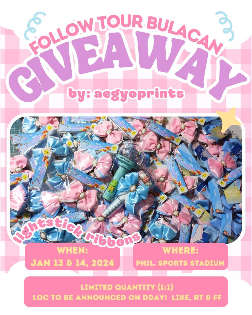 aegyoprints's tweet photo. FOLLOW TOUR in BULACAN GIVEAWAY
by AegyoPrints
Day 1 &amp; 2 ✨️

Mechanics :
- Like and RT
- Follow our Socials (X, Tiktok, IG @aegyoprints)
- Time &amp; Loc : TBA (here on twt) 

#SVT_TOUR_FOLLOW
#SEVENTEEN 
#FOLLOW_TO_BULACAN
#SEVENTEENinBULACAN
#SEVENTEENFREEBIES https://t.co/7fxFTq2MFz