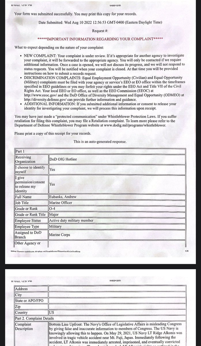 EubanksAndrew's tweet photo. In August 2022, I informed the @DoD_IG that the #USNavy knowingly mislead Congress for 14-months about LT Ridge Alkonis’s case in Japan. 

I provided evidence and willing witnesses. 

The DoD Inspector General ignored my complaint. Never contacted witnesses. No investigation. https://t.co/GG2R5qjkik