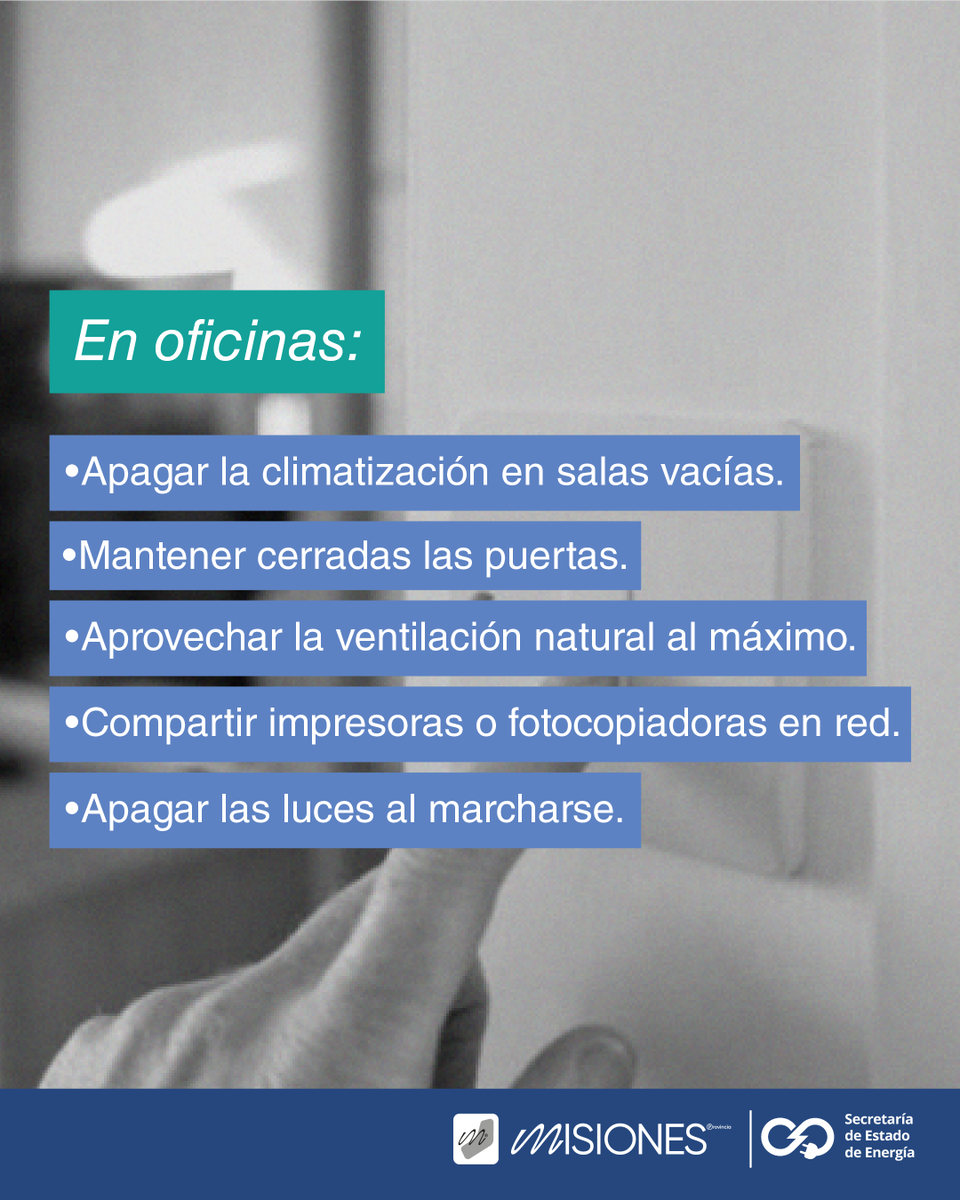 EnergiaMis's tweet photo. El uso responsable de la energía es compromiso de todos⚡

🏢 Los buenos hábitos de consumo no deben ser solo para los hogares. Te dejamos algunos consejos para cuidar la energía eléctrica en tu lugar de trabajo.

Una mejor provincia, la hacemos entre todos 👏🏻 https://t.co/cJmBMs1yv0