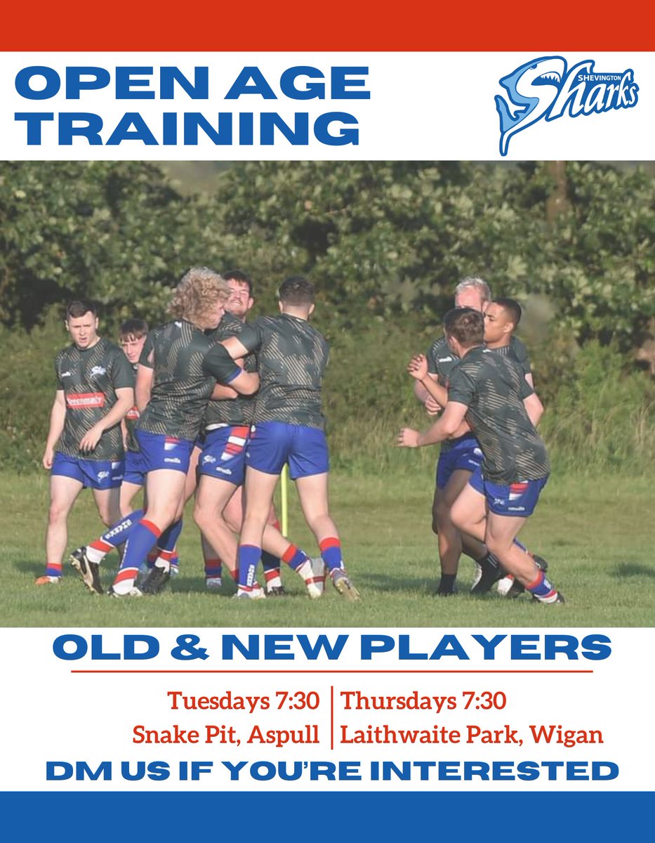 ShevingtonShark's tweet photo. OPEN AGE TRAINING IS BACK 🔵🔴⚪

Starting tonight, our open age return for pre-season training.

Tuesdays at the Snake Pit- 7:30pm
Thursday at Laithwaite Park - 7:30pm

Drop us a message if you're interested in playing this season.
Up The Sharks 🦈

#CommunitySport #RugbyLeague https://t.co/iSZNLZrlc5