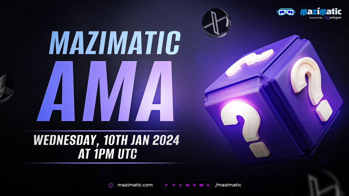 Mazimatic's tweet photo. Mark your calendars for the Mazimatic AMA session. 🗓️ 

📌Wednesday, 10th Jan 2024
📌1 PM UTC. 

Gear up with your questions and be at the forefront of technological evolution. 🌐🔍 

Set Reminder: https://t.co/NlaeVdiBDB 

Your perspectives are the keystones of tomorrow's innovations.🤝💡 

#Mazimatic #AMA #TechTalks #AMAs #AskMeAnything #Crypto #Mazi