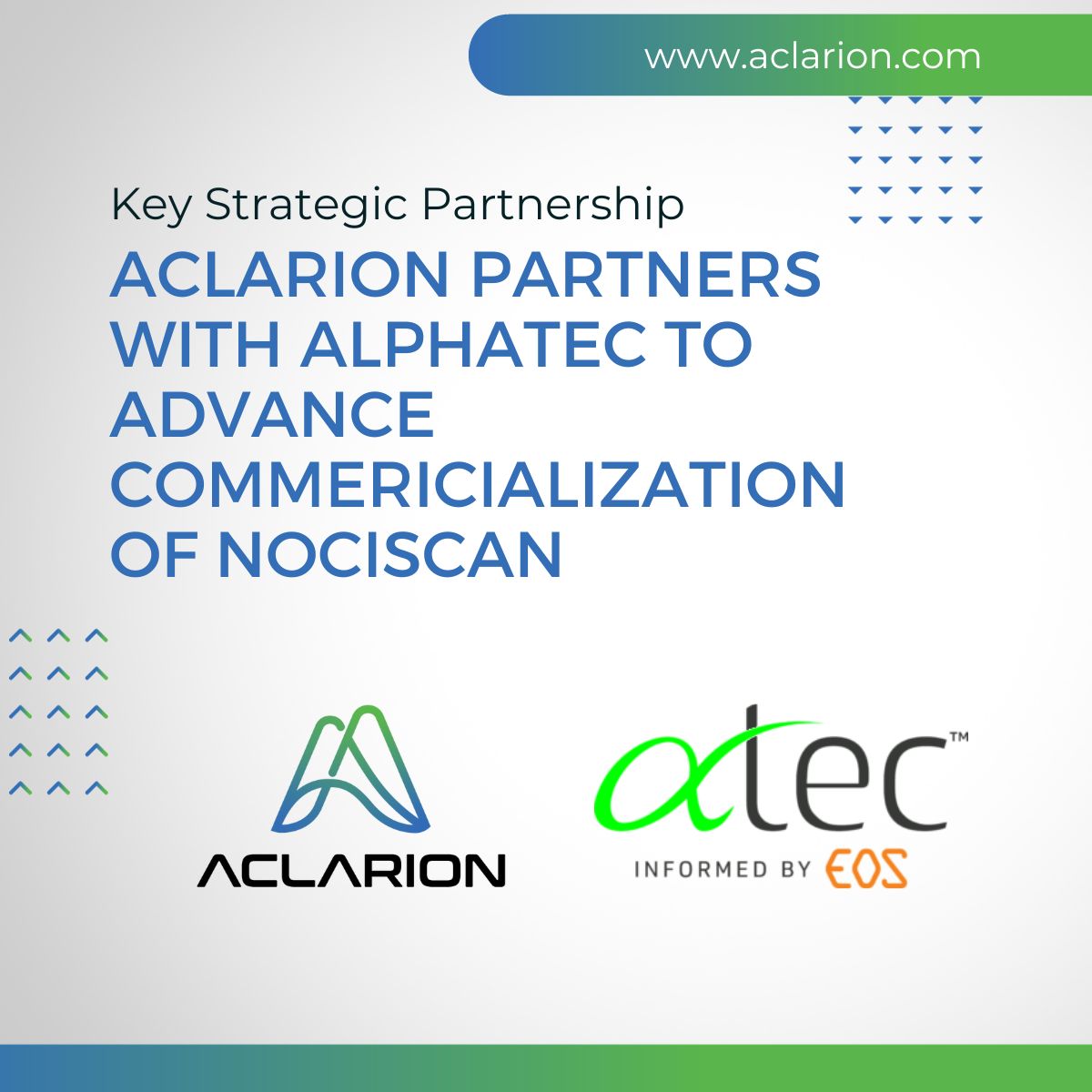 aclarioninc's tweet photo. We are excited to announce our strategic partnership agreement with Alphatec Spine. This agreement will unite the unique structural information powered by ATEC’s AlphaInformatiX platform with the innovative biomarker data of Aclarion’s Nociscan solution.
#ACON #ACONW #nasdaq https://t.co/zwZBgbAHjz