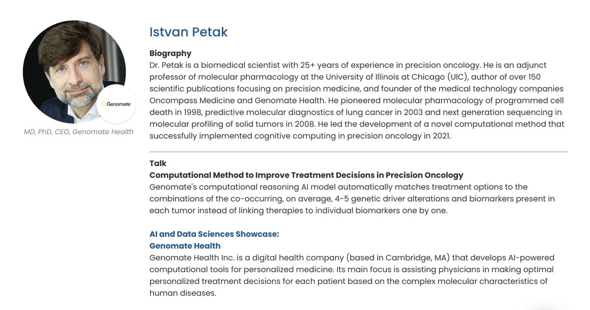 There are only two weeks left until #PMWC24.
On January 24th, in Showcase Track S1, <a href="/IstvanPetak/">Istvan Petak</a>, MD, PhD, will provide a glimpse into Genomate and its contributions to AI-driven precision oncology.

🎟 Secure your spot here: pmwcintl.com/program/

#PrecisionOncology