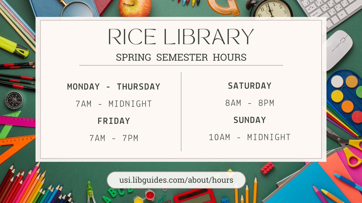 RiceLib's tweet photo. We're back to our regular business hours! Are you ready for classes to start up again? 🤔💭

As always, you can check our hours at https://t.co/0raDfEKkkN
#usi #ricelibrary https://t.co/OuM4Sr8Uyi