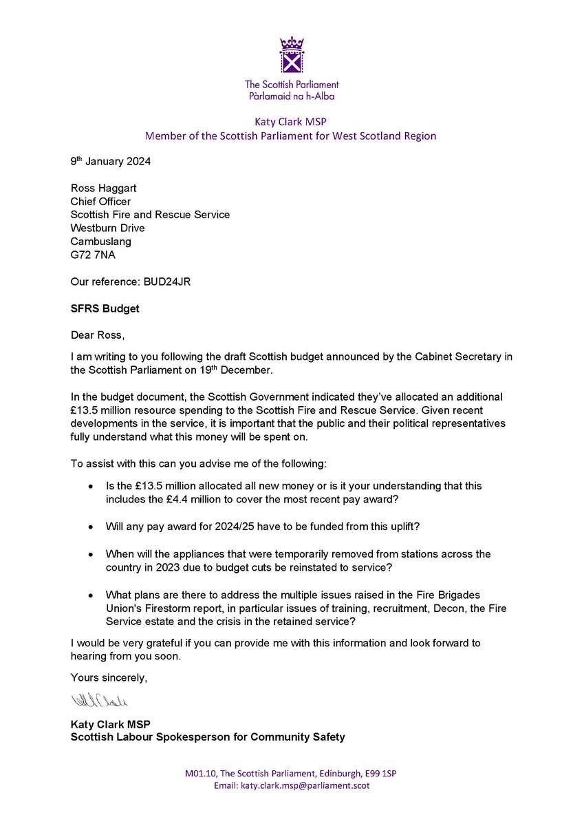 In the last decade, the Scottish Fire and Rescue Service has seen:

✂️£64m real terms budget cut
👷1,200 jobs lost
⏱️Response times increase by a minute

I support <a href="/FBUScotland/">FBU Scotland</a>'s fight to ensure every additional penny is spent on reversing this.

📧My letter to SFRS Chiefs: