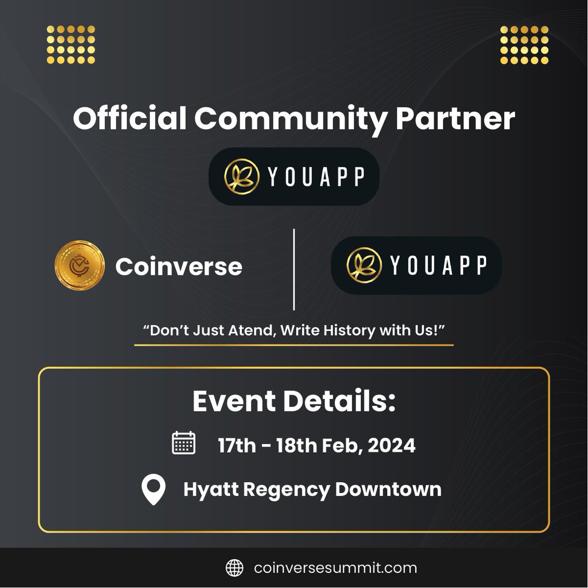 🌐 Exciting Partnership Alert! 🚀 Coinverse Summit Joins Forces with YOUAPP as Official Community Partner! 🎉

🎁 To celebrate, we're giving away Coinverse Summit Passes to 2 lucky winners! Follow the steps below to participate:

Part 1
